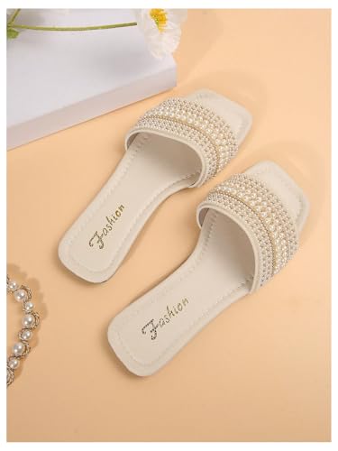 GORGLITTER Women's Pearl Summer Beach Sandals Square Open Toe Slip On Flat Slides2