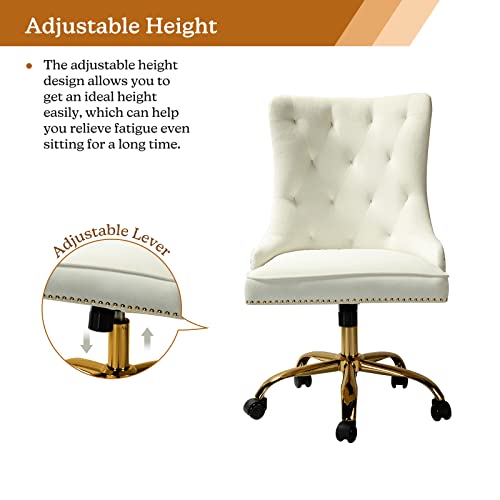 Hulala Home Velvet Office Chair With Nailhead Trim & Gold Base, Modern Cute Tufted Desk Chair Swivel Adjustable, Upholstered Armless Computer Task Vanity Chair For Women, Ivory #TOP3