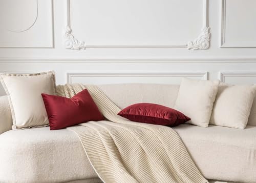 Image of JUSPURBET Decorative Pillow Covers Set of 2 Velvet Throw Pillow Covers for Couch Sofa Bed Soft Lumbar Cushion Covers with Hidden Zipper for Living Room Home Decor,Burgundy,14x24 inch