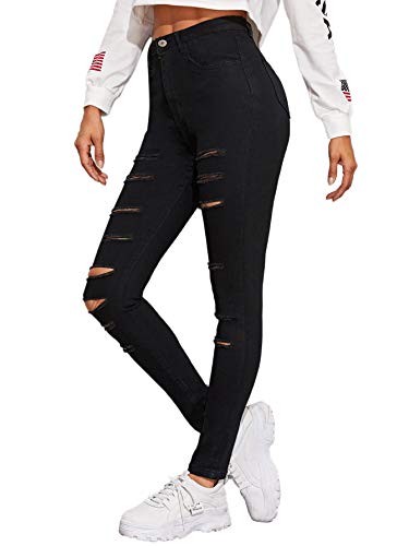 SweatyRocks Women's Hight Waisted Stretch Distressed Denim Pants Ripped Skinny Jeans Black M - Image 5