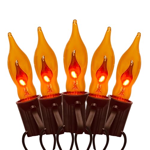 Image of GOOTHY Christmas Orange Flickering Flame String Lights, Outdoor Christmas Decorations Lights with 10 C18 Orange Flicker Flame Bulb for Fireplace Party Garden Patio, 1 Watt, 120 Volt- Black Wire