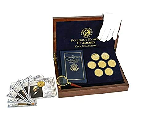 The Franklin Mint Founding Fathers Coin Collection - 7-Piece 24-Karat Gold-Plated Collectible Coins with Wood and Metal Storage Box