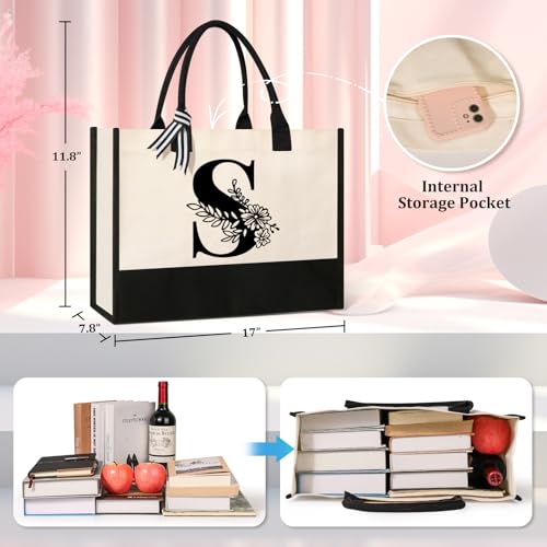 Image of Tecanne Personalized Initial Canvas Tote Bag, Suitable for Birthday, Wedding, Beach, Holiday, Gifts for Women, Mom, Teachers, Nurses, Best Friends, Bridesmaids (S)