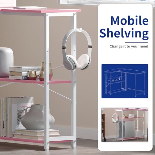 Pamray 43 Inch L Shaped Computer Desk with Reversible Side Storage Shelves, Small Corner Desk for Small Space Home Office,Writing Study Table PC Desk for Bedroom,Pink with White Leg - Image 5