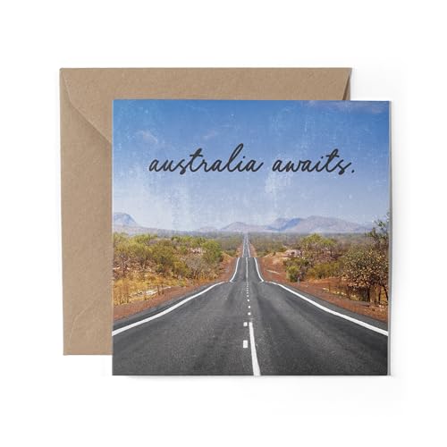 1 tarjeta de felicitación de Australia Awaits – Bandera de carretera australiana para viajes, vacaciones, monumentos de Oz Gap Year Student Map Celebration #81593