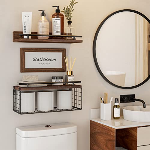 Sthchun Floating Shelves With Blackboard And Bathroom Wall Decor Sign - Farmhouse Wood Shelf With Metal Guardrail And Toilet Paper Basket For Bedroom, Kitchen(Rustic Brown,Set Of 3) #TOP1