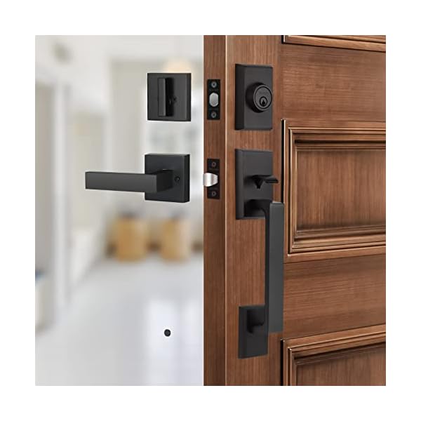 Gaurqiah Handle Set Heavy Duty Front Door Entry Handle and Deadbolt Lock Set Exterior Door Lock Set with Deadbolt Single Cylinder HandleSet Reversible for Right & Left Side, Matte Black
