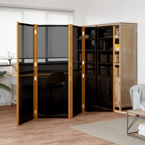 LoogCape Biombo de madera maciza de acacia, textileno, 280 x 180 cm, plegable, para privacidad interior y exterior, 4 piezas, color negro