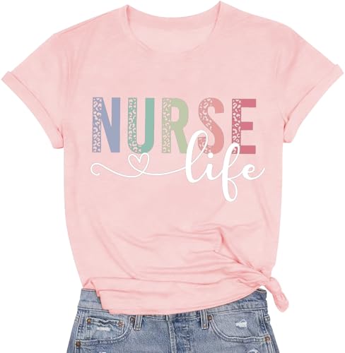 Image of Women Nurse Shirts Nursing Life Letter Short Sleeve Register Nurses Inspirational Tee