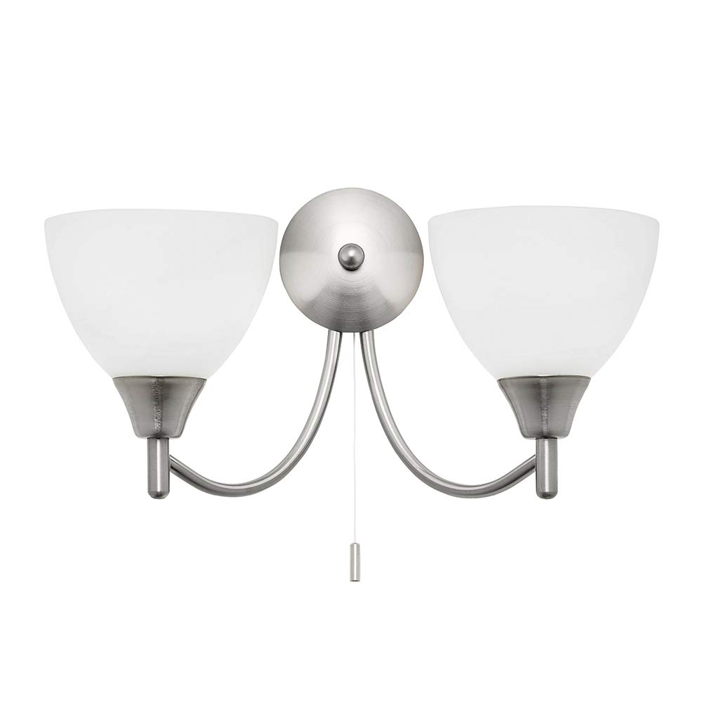 National Lighting Andy Decorative Satin Chrome Twin E14 LED Compatible Wall Light with Matt Opal Glass Shades Uplight