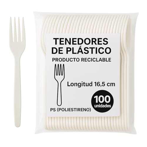 Tenedores Blanco Reutilizable, Cubiertos Extra Resistentes, Cubiertos de plástico, Apto para fiestas, cumpleaños, picnics, catering o eventos, Aptos para lavavajilla, Longitud 16.5 cm, 100 unidades