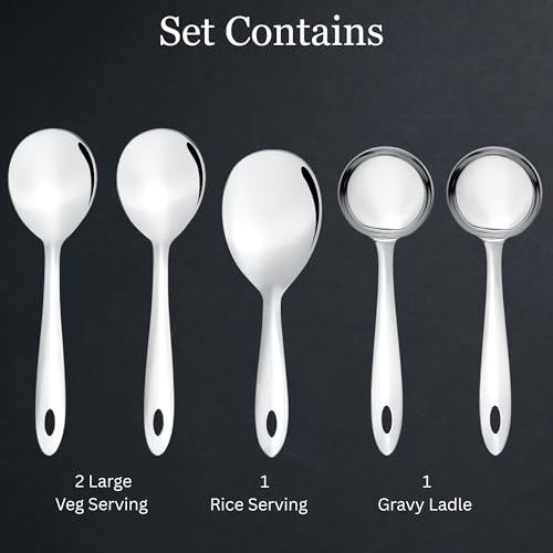 Image of Montavo by FnS 5 Pieces Stainless Steel Serving Spoon Set for Dining Table & Kitchen, Heavy Gauge, 1 Rice Spoon, 2 Soup Ladle (Karchi), 2 Solid Spoon (Chamcha, Spatula) Pack of 5