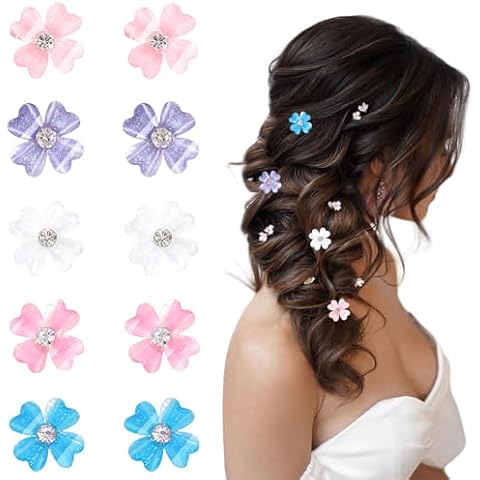 10 Pcs Small Flower Hair Clips with Rhinestone Mini Clover Cute Hair Pins Wedding Bridal Hair Accessories Decorative for Fine Hair Barrettes for Girls Women(5-Colors) Cover
