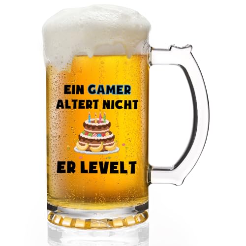 Joymaking Gaming Bierglas - Ein Gamer altert nicht er levelt - Zocker Geschenk zum Geburtstag, Geburtstagsgeschenk Lustig für Teenager Jungen und Mädchen, Bierkrug 0,5L