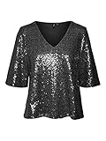  Vero Moda T-Shirt von Pailletten V-Ausschnitt und kurze Ärmel, weiche Passform., Nero, X-Small
