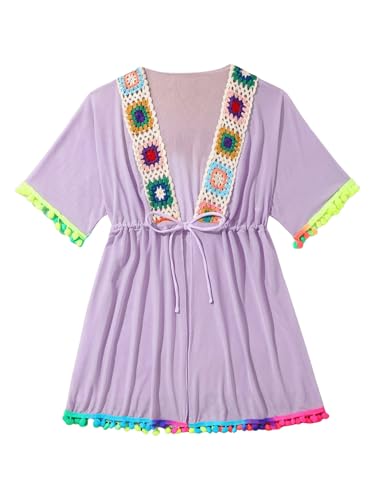 Image of Milumia Girl's Embroidered Tie Knot Cover Up Sheer Pompom Bikini Coverups Beachwear Dusty Purple 11 Years
