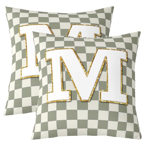 Image of Erosebridal Sage Green Checkered Throw Pillow Covers 18x18 Set of 2 Plaid Initial M Cushion Cover Personalized Monogram Throw Pillow Case for Bed Couch Sofa Fashion Grids Gingham Home Decor