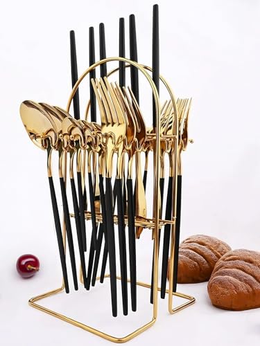 Image of BonZeaL Stainless Steel 24 Pieces Black Gold Cutlery Set with Stand for 6 Person Mirror Finish Flatware Set for Dining Table Hotel Cafe Bar Restaurant Premium House Warming Gifts for New Home Kitchen