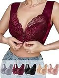 Pack Front Closure Bras for Women Full Coverage Lace Wireless Bra, Soft & Breathable Support Bralettes Everyday Bras (US, Alpha, Large, Regular, Regular, 5 Pack (Black/Skin/Red/Pink/Grey))