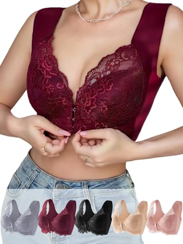 Pack Front Closure Bras for Women Full Coverage Lace Wireless Bra, Soft & Breathable Support Bralettes Everyday Bras (US, Alpha, Medium, Regular, Regular, 5 Pack (Black/Skin/Red/Pink/Grey))
