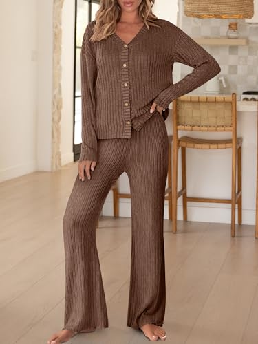 ANRABESS Women's 2 Piece Lounge Pajama Sets Ribbed Long Sleeve Button Top Matching Pants Sleepwear PJ Set 2025 Fall Outfits2