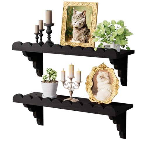 QsQueen Scalloped Wood Wall Shelf – 17 Inch Floating Shelf with Wood Brackets, Easy to Install Rustic Wall Shelf for Living Room, Bedroom, Bathroom, or Any Space, Black Shelves