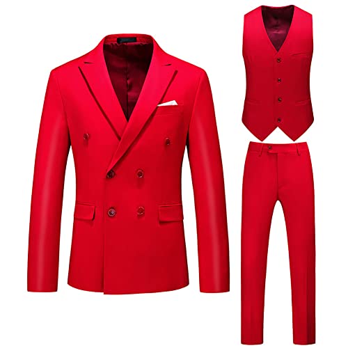 Men's Solid Color 3 Pieces Suit Double Breasted Blazer Jacket Vest and Pants Business Set