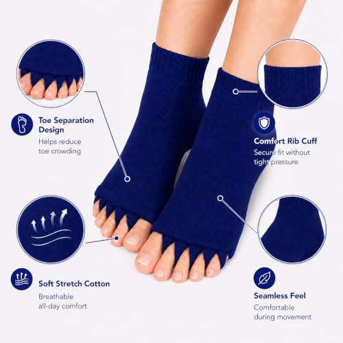 Image of Foot Alignment Orthopedic Cotton Socks for Men & Women | Five Toe Separator | Foot Pain Relief | Bunion Corrector | Plantar Fasciitis Support | Improves Posture & Flexibility | Free Size | Navy Blue | 1 Pair