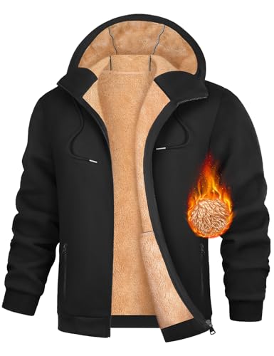 Men's Fleece Hoodie Winter Zip Up Sweatshirt Sherpa Lined Jacket Heavyweight Hoodies Pullover Warm Coat Hooded
