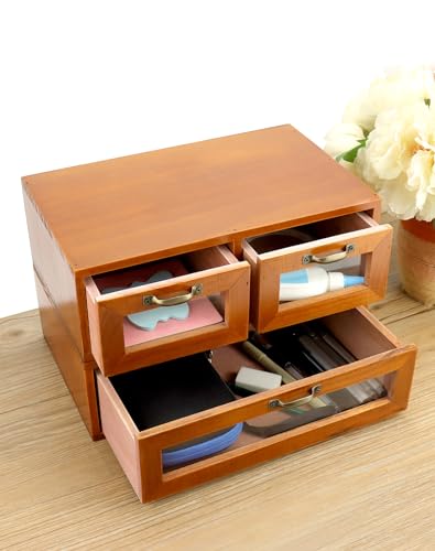 Image of QWORK Wooden Box Organizer, Wood Desktop Storage Cabinet with 3 Drawers, Dark Brown