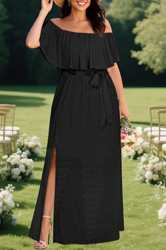 Image of Pinup Fashion Women Plus Size Summer Dresses - Off The Shoulder Wedding Guest Eyelet Casual Maxi Dress Pockets