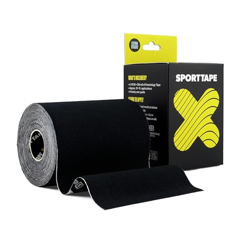 SPORTTAPE Extra Wide Kinesiology Tape 10cm x 5m - Black | Waterproof, Hypoallergenic, Muscle Support Recovery Tape for Sports Injuries, Physio, Lower Back, Binding, Chest Taping | Single Uncut Roll