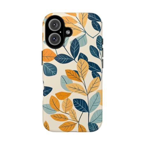 Coque iPhone 16 bleue rigide brillante motif feuille colorée
