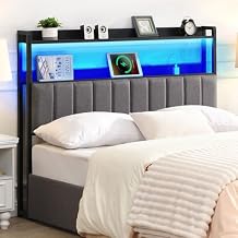 Headboard Queen Size with Storage & LED Lights, Upholstered Headboard with Outlets, Adjustable, Free Standing Queen