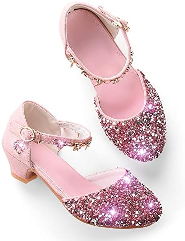 Ohlover Girls Party Glitter Dress Shoes Low Heel Mary Jane Princess Sandals (11.5 Little Kid, Pink)