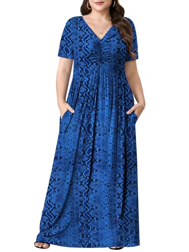 Image of PEVRL Plus Size Summer Maxi Dress for Curvy Women with Pockets 1X-5X | Short Sleeve, Twisted Front V-Neck, Summer Casual A Line Flowy Dress, Empire Waist Floral Print Beach Vacation Long Dress