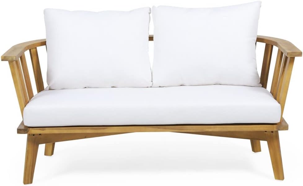 Christopher Knight Home Ingrid Outdoor Wooden Loveseat with Cushions, White and Teak Finish