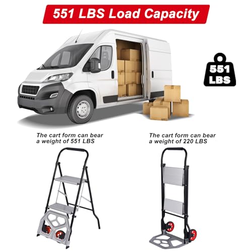 ExGizmo Aluminum Hand Truck,2 in 1 Folding Step Ladder,Portable Aluminum Ladder 551 LBS Load Capacity,Multifunction Collapsible Dolly Cart 220 LBS Load Capacity