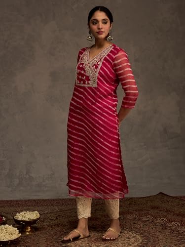Image of INDO ERA Women's Georgette Leheriya Printed Straight Calf Length Kurtas (IEAI12232)