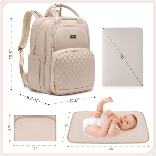 Qualyphant Diaper Bag Backpack - Extra Large Diaper Bag for 2 Kids Twins (Expandable 30L-38L) - Cute Travel Baby Backpack with Changing Pad for mens women (Quilted, Water Resistant)