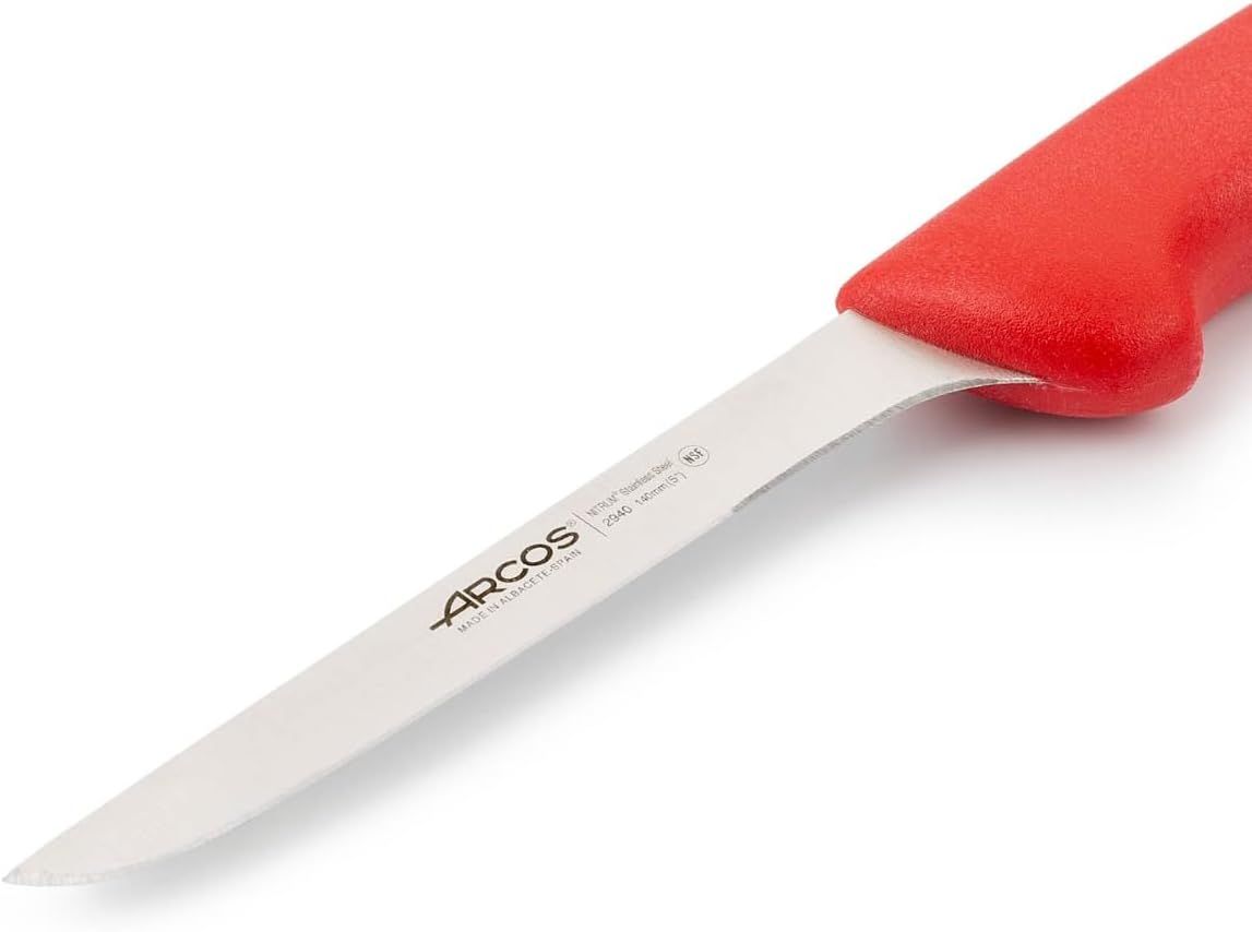 Arcos Boning Knife 5 Inch Nitrum Stainless Steel and 140 mm blade. Professional Butcher Knife to Slice Bones from Meat. Ergonomic Polypropylene Handle. Series 2900. Color Red.