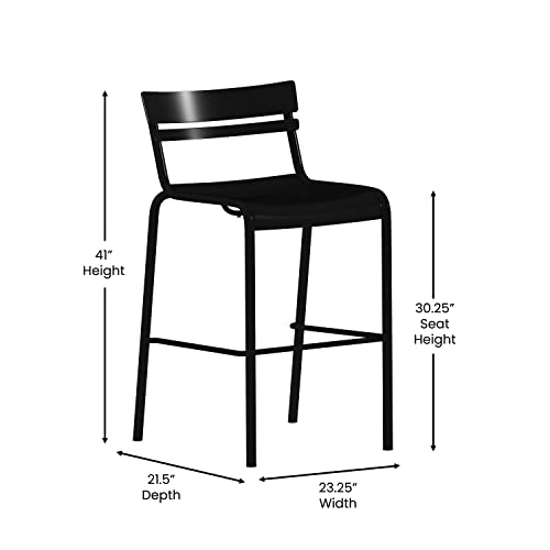 Emma + Oliver Rennes Armless Powder Coated Steel Bar Height Stool With 2 Slat Back For Indoor-Outdoor Use In Black #TOP1