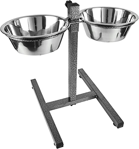 Dog Elevated Food Bowl Holder Set - Raised Cat Feeding Station Stand - Adjustable Height Pet Double Feeder - 2 Stainless Steel Water Bowls (Jumbo)