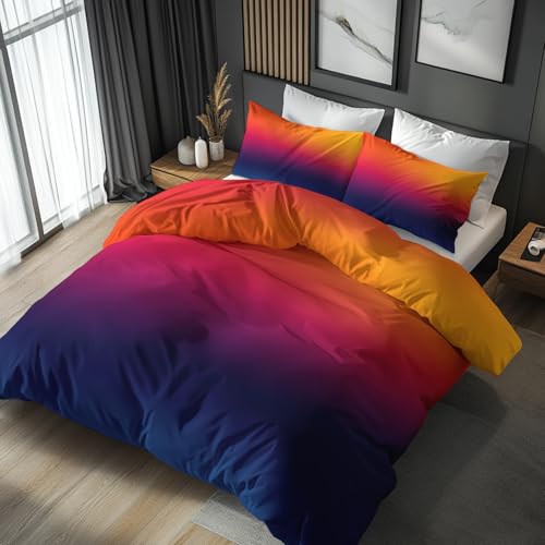Double Duvet Cover Set, Ombre Duvet Cover & 2 Pillowcases, 3 Piece Orange Purple Gradient Reversible Bedding for Bedroom Decor, Ultra Soft Microfibre, with Zip -o314