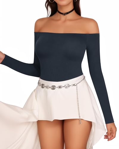 Image of Mangopop Women' Long Sleeve Ribbed Bodysuit Jumpsuits