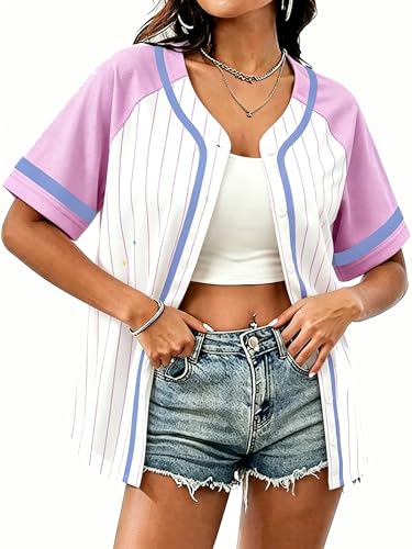 Magical Baseball Shirts for Women Princess Jersey Shirt Girls Trips Button Up Short Sleeve Jersey Top Light Pink