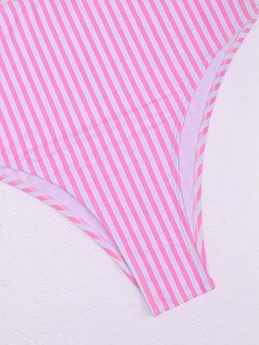 Makemechic Women's 2 Piece Swimsuit Striped Ruffle Trim One Shoulder High Waisted Bikini Set Bathing Suits Pink M #TOP4