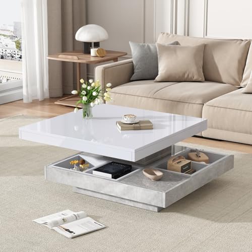 YEHTOKHOME Moderne Coffee Table Basse Plateau de Table Pivotant à 2 étages avec Compartiment de Rangement, 70x70x36 cm (Blanc + Couleur Marbre)