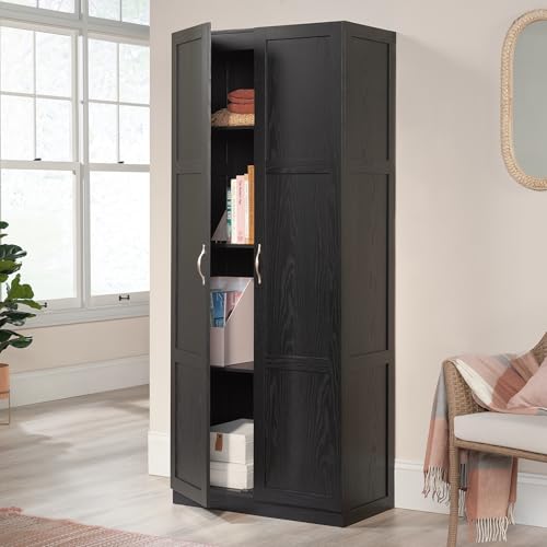 Image of Sauder Tall Storage Cabinet, Black, 4 Adjustable Shelves, Multi-Room Use