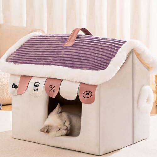 猫 ベッド 暖かい ペットハウス 冬用 ペットベッド 小型犬用 猫 ハウス 屋根付き 犬ベッド 洗える 可愛い 犬ハウス 防寒対策 室内 滑り止め 可愛い ぐっすり眠る クッション付き 猫犬用 快適 パープルM